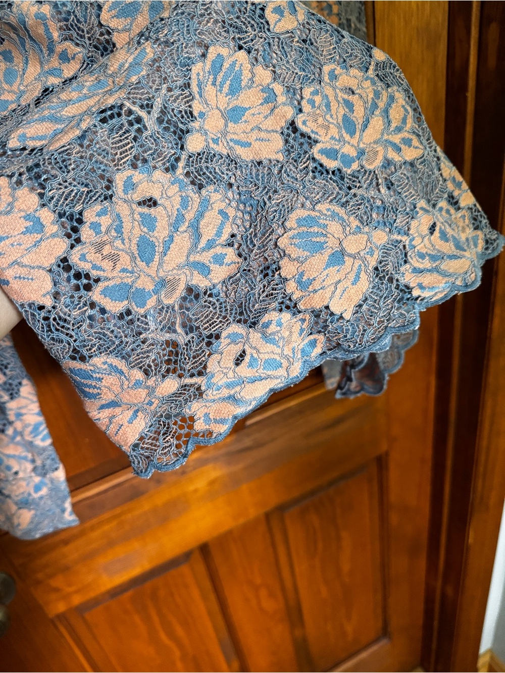 LOFT Blue Lace Floral Long-Sleeve Blouse with Peach Underlay - Picture 6 of 9